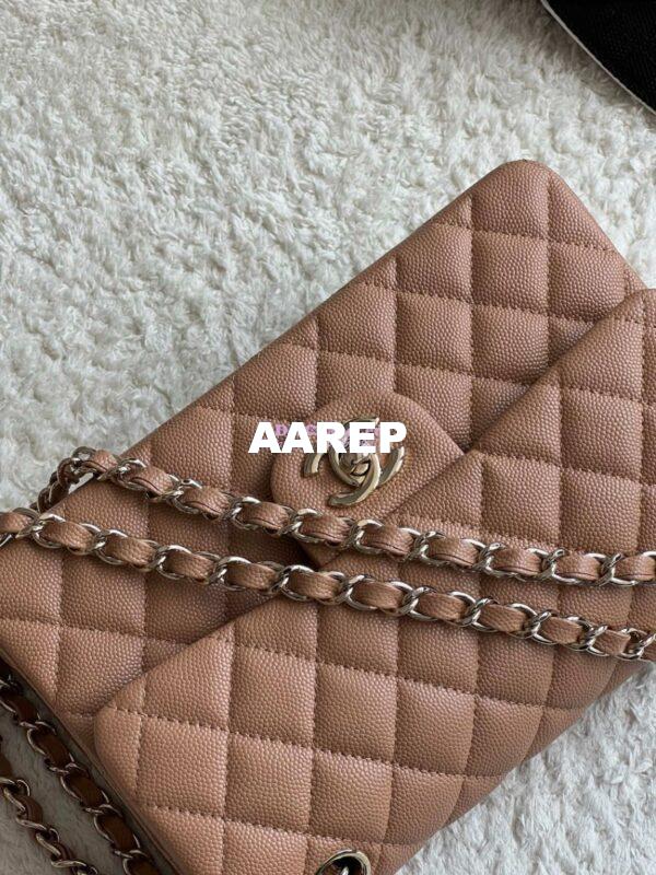 Replica Chanel Small Classic Double Flap Bag in Light Gold Hardware 23cm Quilted Caviar Dark Beige 4