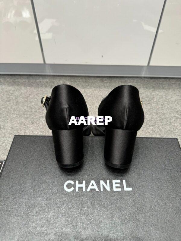 Replica Chanel 25P Mary Jane Pointed Pumps 65mm Satin and Grossgrain G46377 Black 6