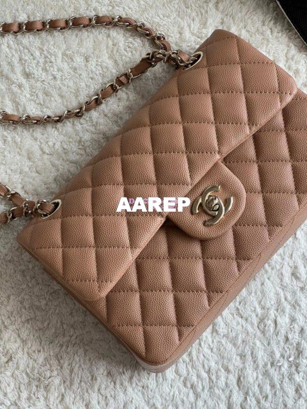 Replica Chanel Small Classic Double Flap Bag in Light Gold Hardware 23cm Quilted Caviar Dark Beige 5