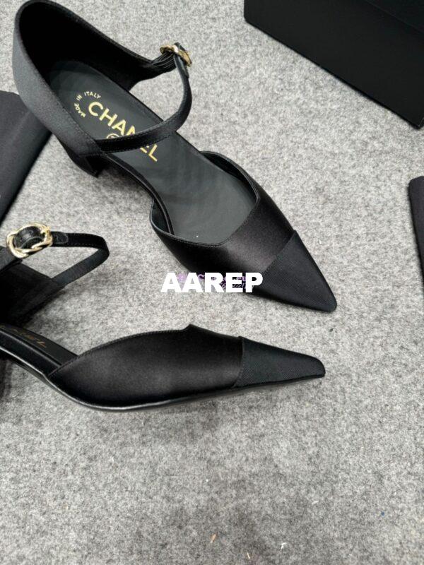 Replica Chanel 25P Mary Jane Pointed Pumps 65mm Satin and Grossgrain G46377 Black 7