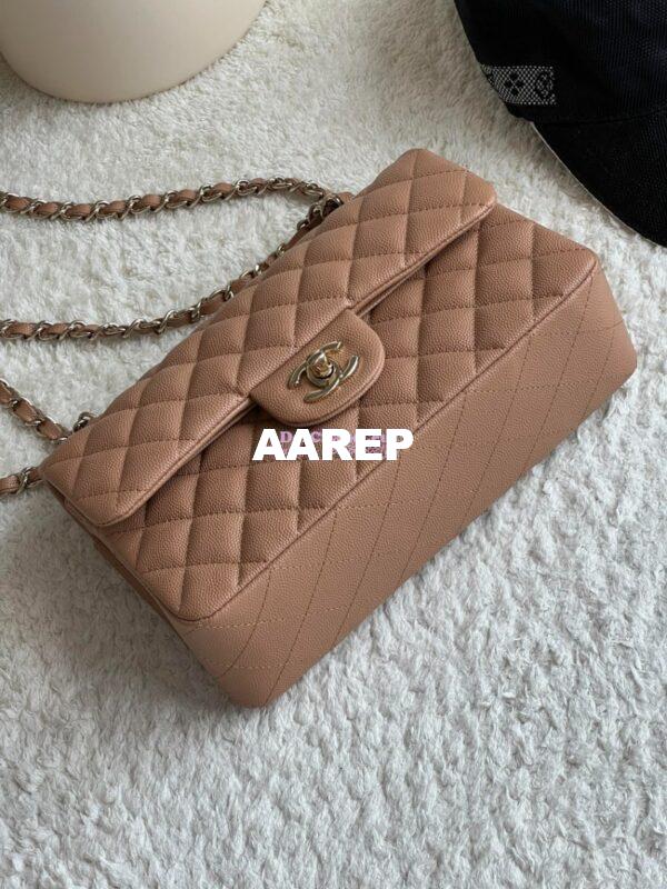 Replica Chanel Small Classic Double Flap Bag in Light Gold Hardware 23cm Quilted Caviar Dark Beige 7