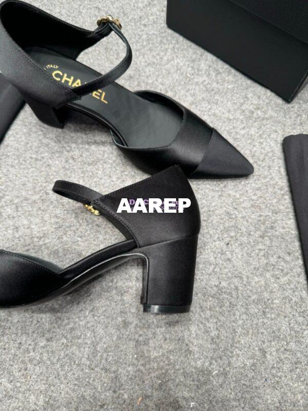 Replica Chanel 25P Mary Jane Pointed Pumps 65mm Satin and Grossgrain G46377 Black 9