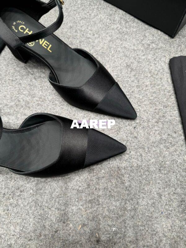 Replica Chanel 25P Mary Jane Pointed Pumps 65mm Satin and Grossgrain G46377 Black 10