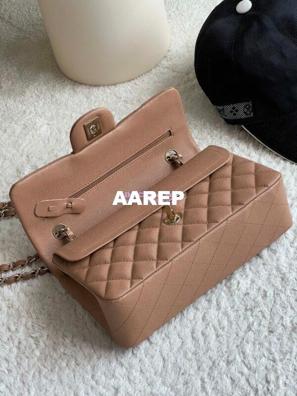 Replica Chanel Small Classic Double Flap Bag in Light Gold Hardware 23cm Quilted Caviar Dark Beige 9