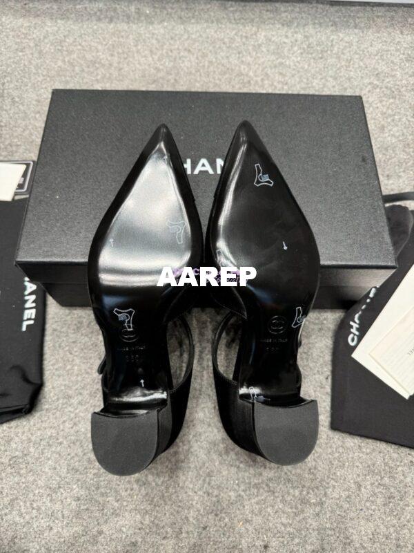 Replica Chanel 25P Mary Jane Pointed Pumps 65mm Satin and Grossgrain G46377 Black 11