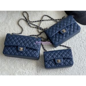 Replica Chanel Small Classic Double Flap Bag in Light Gold Hardware 23cm Quilted Caviar Dark Blue