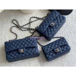 Replica Chanel Small Classic Double Flap Bag in Light Gold Hardware 23cm Quilted Caviar Dark Blue 2