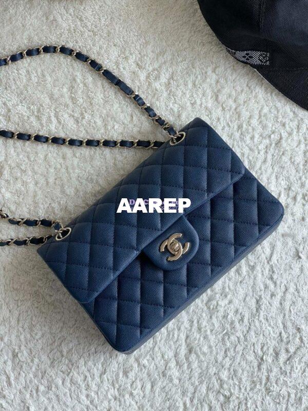 Replica Chanel Small Classic Double Flap Bag in Light Gold Hardware 23cm Quilted Caviar Dark Blue 5