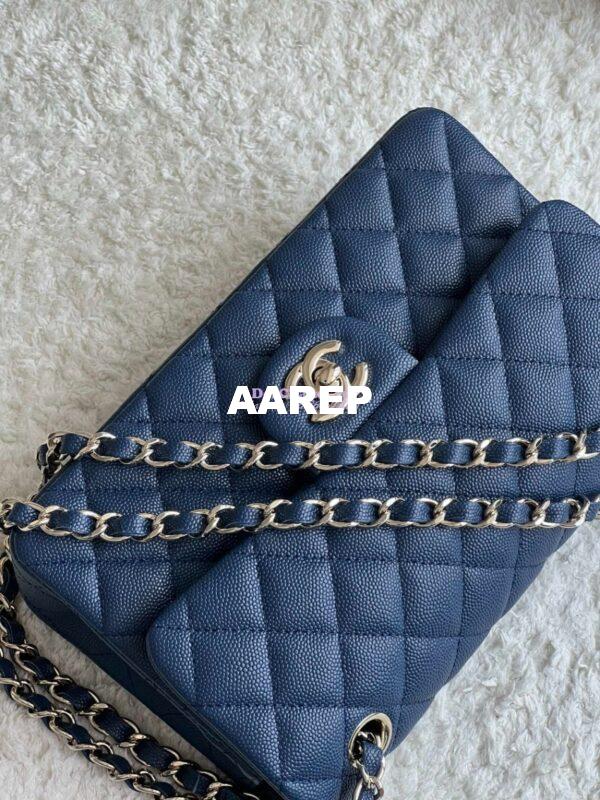 Replica Chanel Small Classic Double Flap Bag in Light Gold Hardware 23cm Quilted Caviar Dark Blue 6