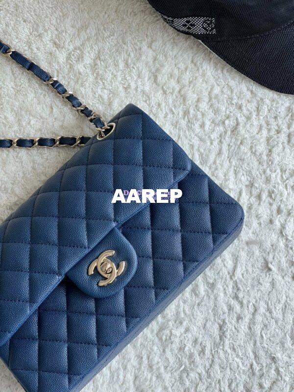 Replica Chanel Small Classic Double Flap Bag in Light Gold Hardware 23cm Quilted Caviar Dark Blue 7