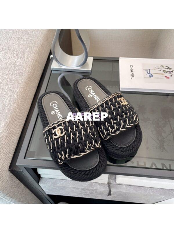 Replica Chanel Metallic Braided Knit Sandals G38189 Black 4