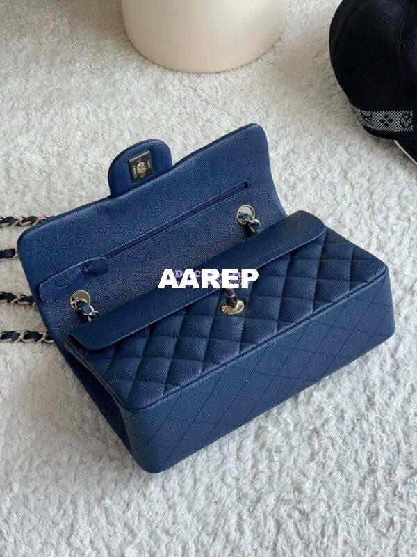 Replica Chanel Small Classic Double Flap Bag in Light Gold Hardware 23cm Quilted Caviar Dark Blue 10