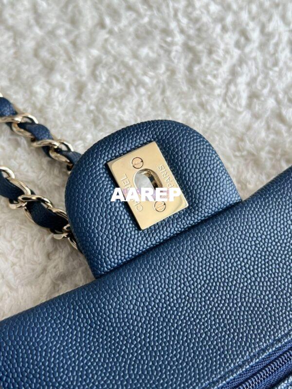 Replica Chanel Small Classic Double Flap Bag in Light Gold Hardware 23cm Quilted Caviar Dark Blue 11