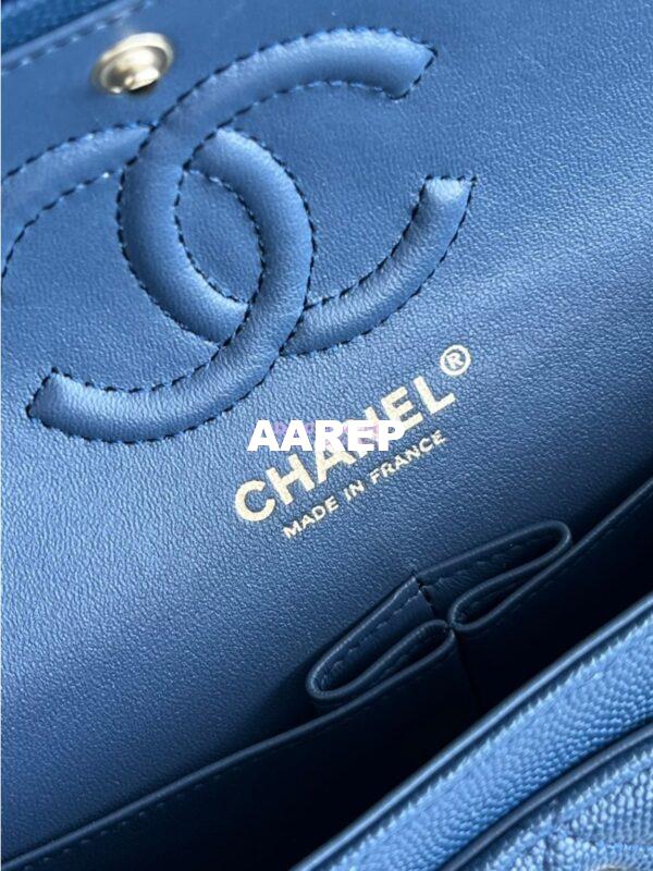 Replica Chanel Small Classic Double Flap Bag in Light Gold Hardware 23cm Quilted Caviar Dark Blue 13
