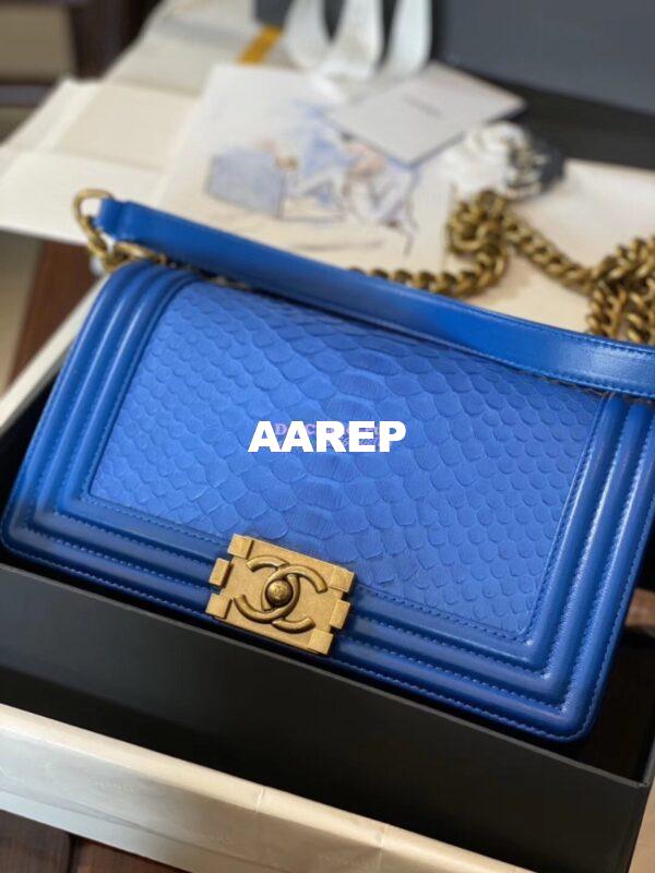 Replica Chanel Blue Python Boy Flap Bag in Matte Gold Hardware 3