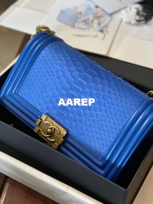 Replica Chanel Blue Python Boy Flap Bag in Matte Gold Hardware 4