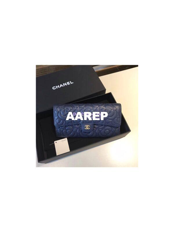 Replica Chanel Camellia Flap Wallet in dark blue lambskin leather A80758