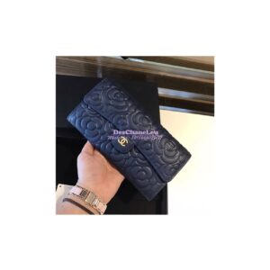 Replica Chanel Camellia Flap Wallet in dark blue lambskin leather A80758 2