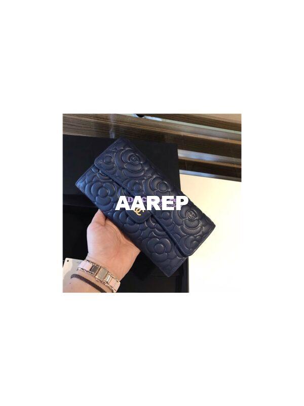 Replica Chanel Camellia Flap Wallet in dark blue lambskin leather A80758 2