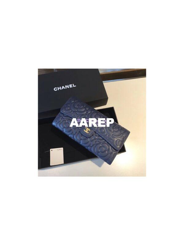 Replica Chanel Camellia Flap Wallet in dark blue lambskin leather A80758 4