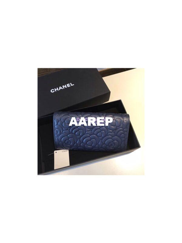 Replica Chanel Camellia Flap Wallet in dark blue lambskin leather A80758 5