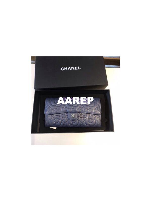 Replica Chanel Camellia Flap Wallet in dark blue lambskin leather A80758 11