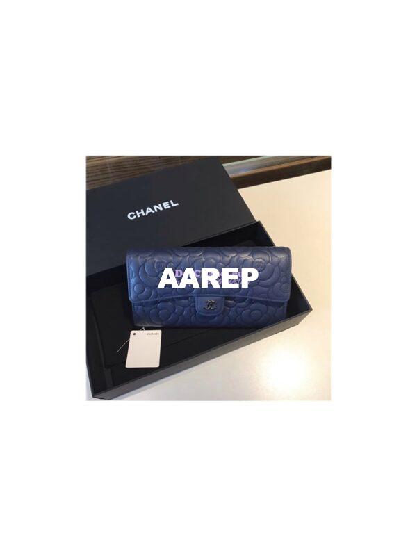 Replica Chanel Camellia Flap Wallet in dark blue lambskin leather A80758 12