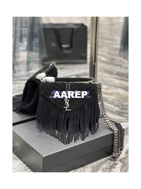 Replica YSL Saint Laurent College Medium Chain Bag In Light Suede With Fringes 531705 Black 3