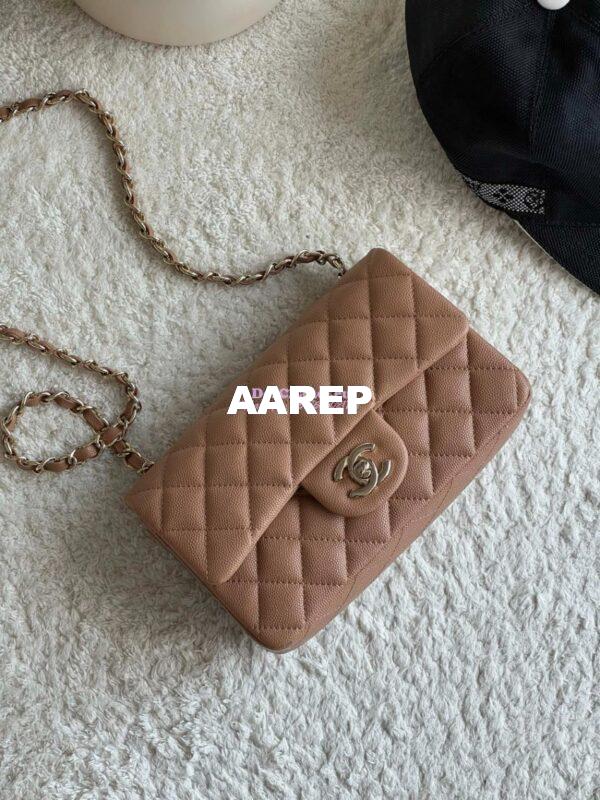 Replica Chanel Small Classic Flap CF Bag Quilted Caviar Shining Light Gold Hardware 20cm in Dark Beige 3