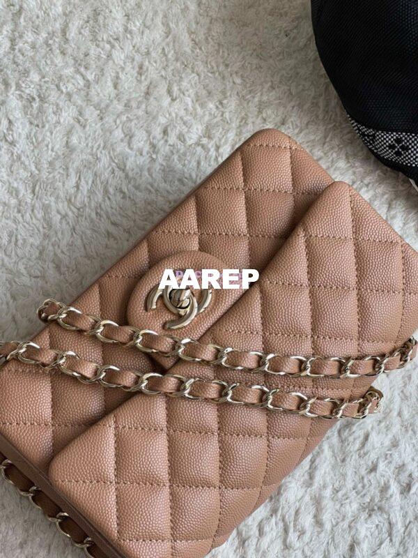 Replica Chanel Small Classic Flap CF Bag Quilted Caviar Shining Light Gold Hardware 20cm in Dark Beige 4