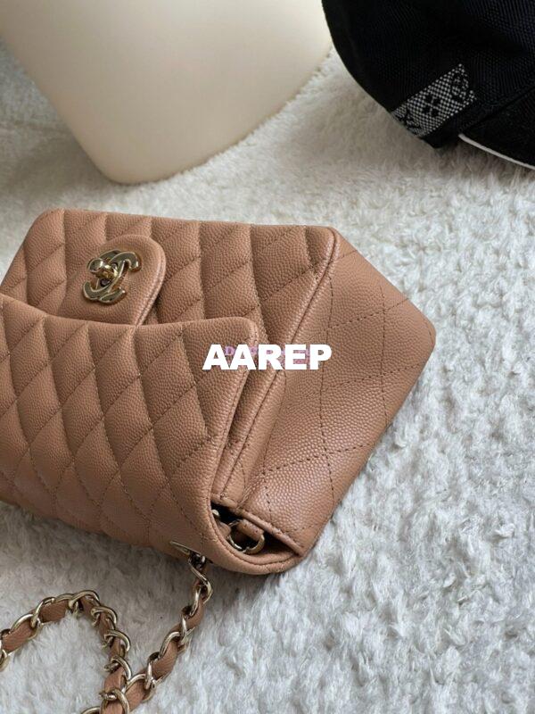 Replica Chanel Small Classic Flap CF Bag Quilted Caviar Shining Light Gold Hardware 20cm in Dark Beige 5