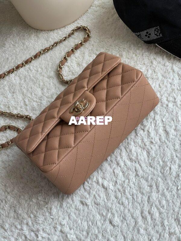 Replica Chanel Small Classic Flap CF Bag Quilted Caviar Shining Light Gold Hardware 20cm in Dark Beige 6