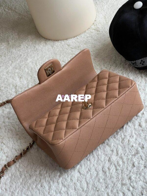 Replica Chanel Small Classic Flap CF Bag Quilted Caviar Shining Light Gold Hardware 20cm in Dark Beige 7