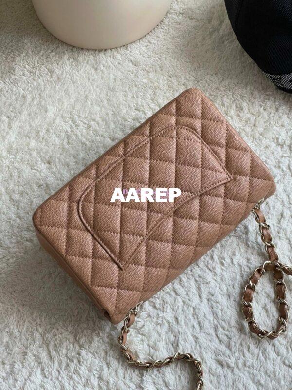 Replica Chanel Small Classic Flap CF Bag Quilted Caviar Shining Light Gold Hardware 20cm in Dark Beige 11