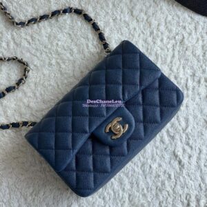 Replica Chanel Small Classic Flap CF Bag Quilted Caviar Shining Light Gold Hardware 20cm in Dark Blue