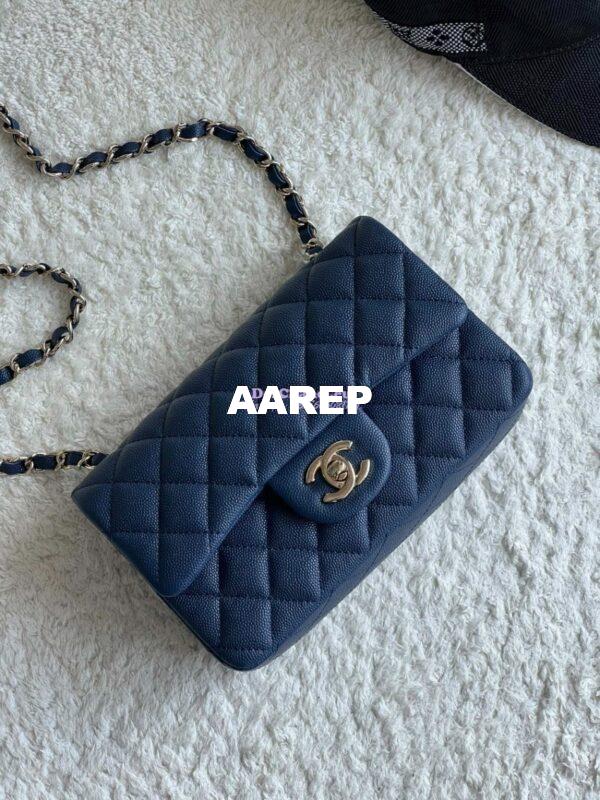 Replica Chanel Small Classic Flap CF Bag Quilted Caviar Shining Light Gold Hardware 20cm in Dark Blue 3
