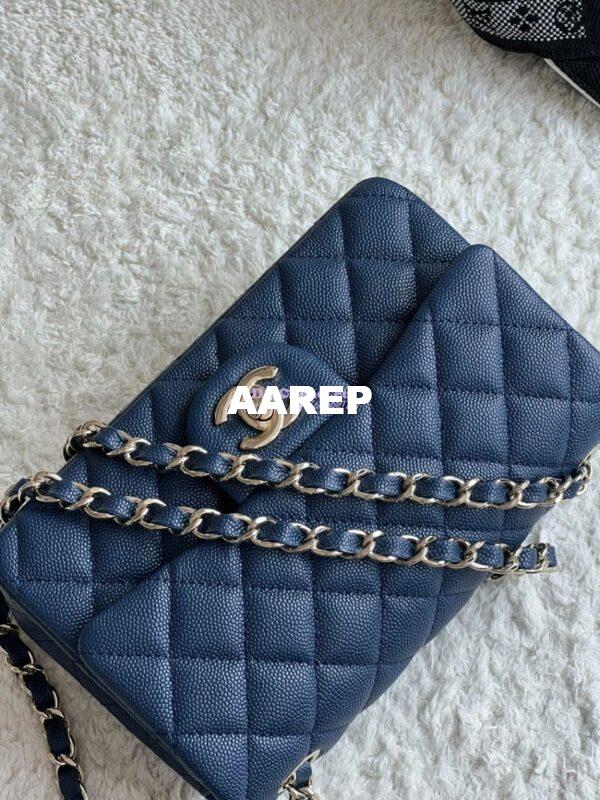 Replica Chanel Small Classic Flap CF Bag Quilted Caviar Shining Light Gold Hardware 20cm in Dark Blue 4