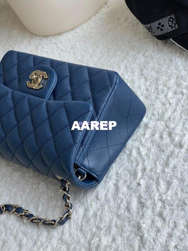 Replica Chanel Small Classic Flap CF Bag Quilted Caviar Shining Light Gold Hardware 20cm in Dark Blue 5