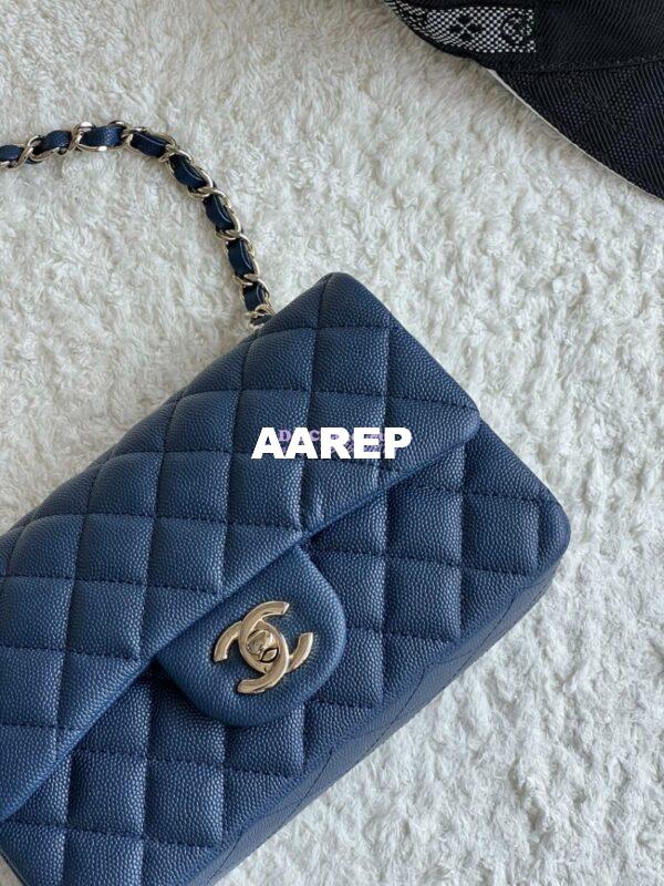 Replica Chanel Small Classic Flap CF Bag Quilted Caviar Shining Light Gold Hardware 20cm in Dark Blue 6