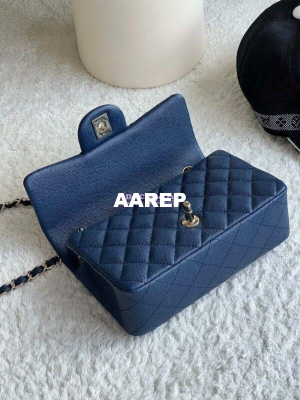 Replica Chanel Small Classic Flap CF Bag Quilted Caviar Shining Light Gold Hardware 20cm in Dark Blue 8