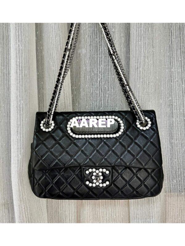Replica Chanel Aged Shiny Lambskin Crystal Pearls & Black Metal Large Flap Bag With Top Handle AS4221 3