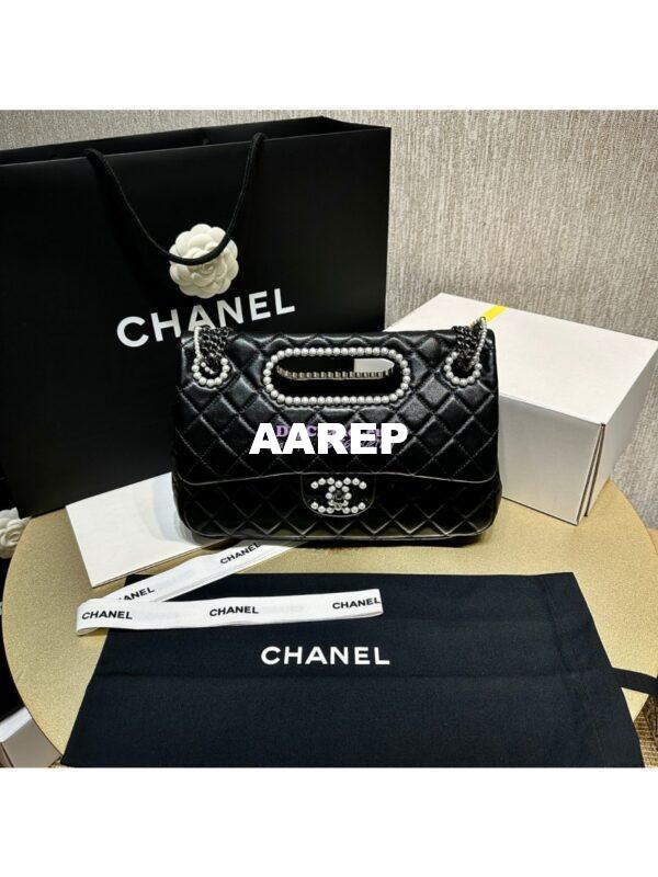 Replica Chanel Aged Shiny Lambskin Crystal Pearls & Black Metal Large Flap Bag With Top Handle AS4221 4