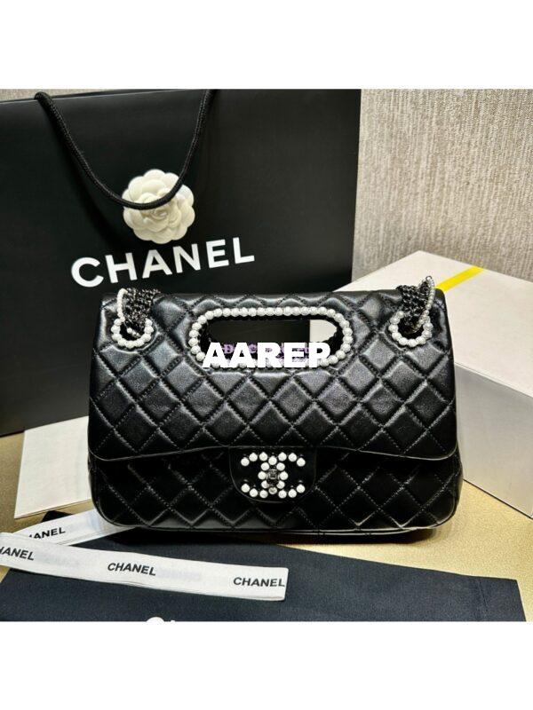 Replica Chanel Aged Shiny Lambskin Crystal Pearls & Black Metal Large Flap Bag With Top Handle AS4221 5