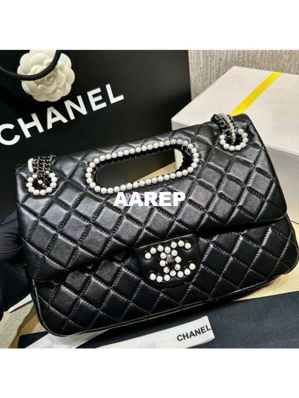 Replica Chanel Aged Shiny Lambskin Crystal Pearls & Black Metal Large Flap Bag With Top Handle AS4221 6