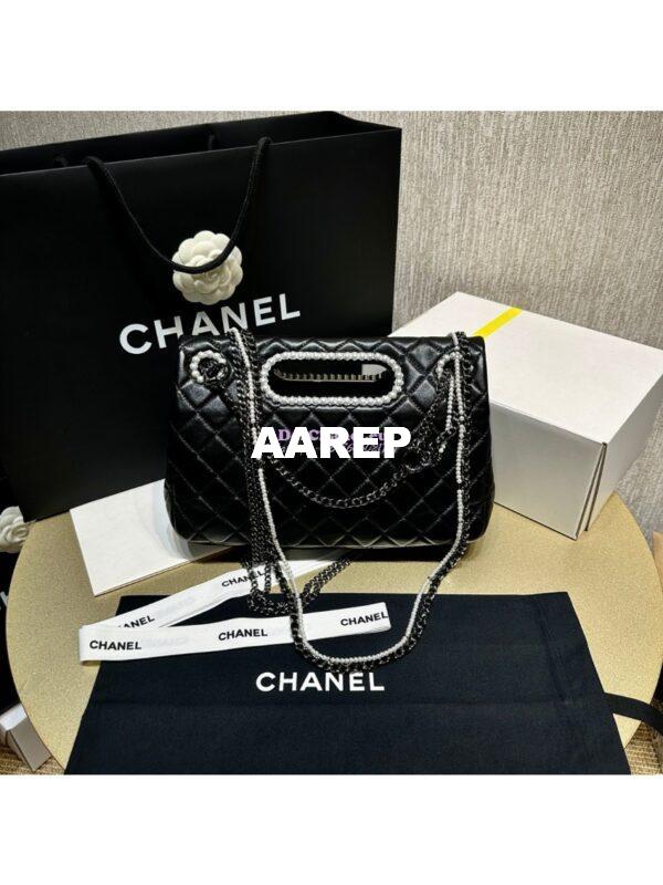 Replica Chanel Aged Shiny Lambskin Crystal Pearls & Black Metal Large Flap Bag With Top Handle AS4221 8
