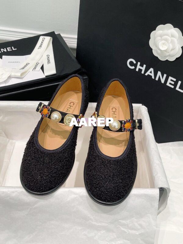 Replica Chanel 24P Mary Janes in Wool Tweed, Imitation Pearls, Strass G45778 Black 3
