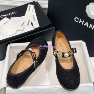 Replica Chanel 24P Mary Janes in Wool Tweed, Imitation Pearls, Strass G45778 Black 2
