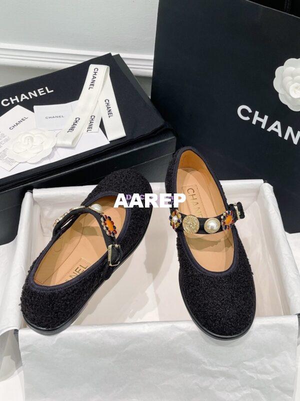 Replica Chanel 24P Mary Janes in Wool Tweed, Imitation Pearls, Strass G45778 Black 4