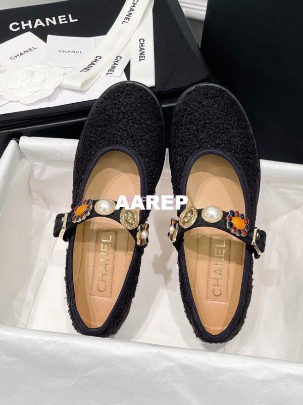 Replica Chanel 24P Mary Janes in Wool Tweed, Imitation Pearls, Strass G45778 Black 5