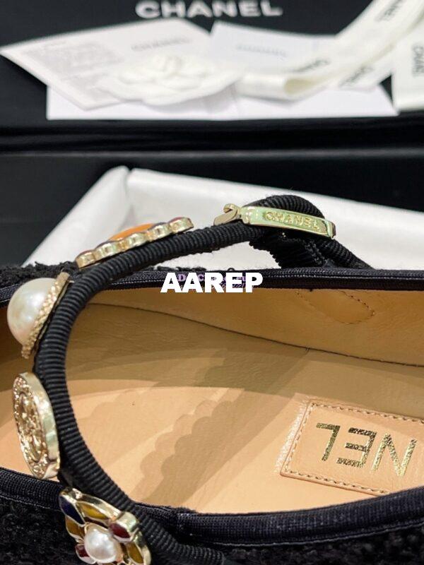 Replica Chanel 24P Mary Janes in Wool Tweed, Imitation Pearls, Strass G45778 Black 6